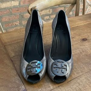 Tory Burch Silver Metallic Wedges, Size 8.5